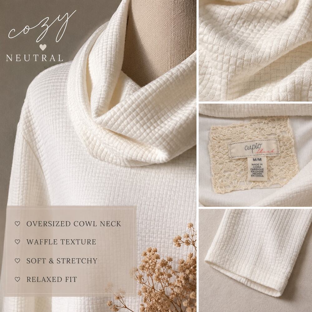 Cupio Ivory Textured Cowl Neck Tunic Sweater Top Size M/L Cozy Minimalist